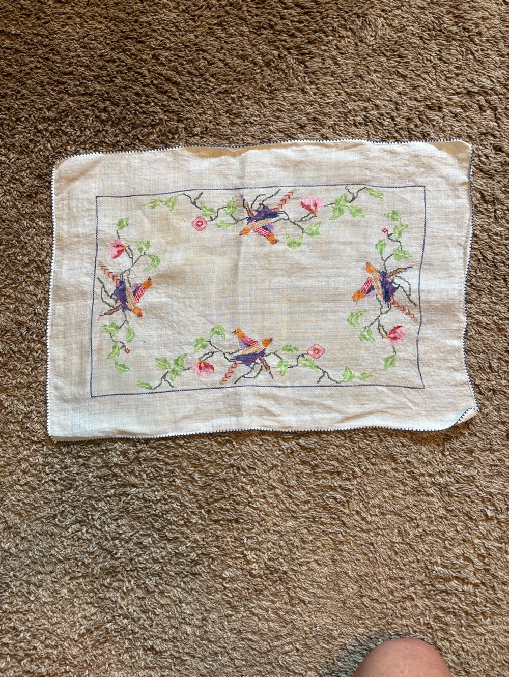 Embroidered Bird Motif Linen Placemat - White with Multicolor Design